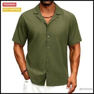 Casual Short Sleeve Button Down Shirt Cuban Collar Textured Summer Beach